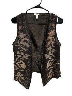 Chico's Womens Metallic Bronze Black Draped Open Vest Small Glam Boho